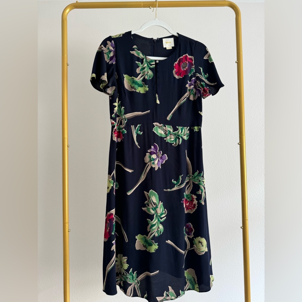 Maeve Anthropologie Geoplanes Floral Dress Navy‎ Women’s Sz 6 keyhole